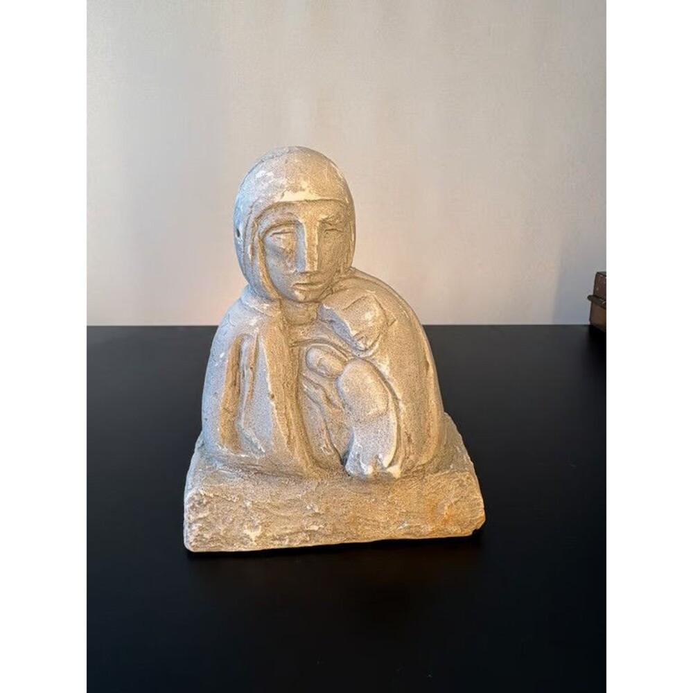 Carved Stone Madonna and Child Figure Incised Runic Lettering Folk Sculpture